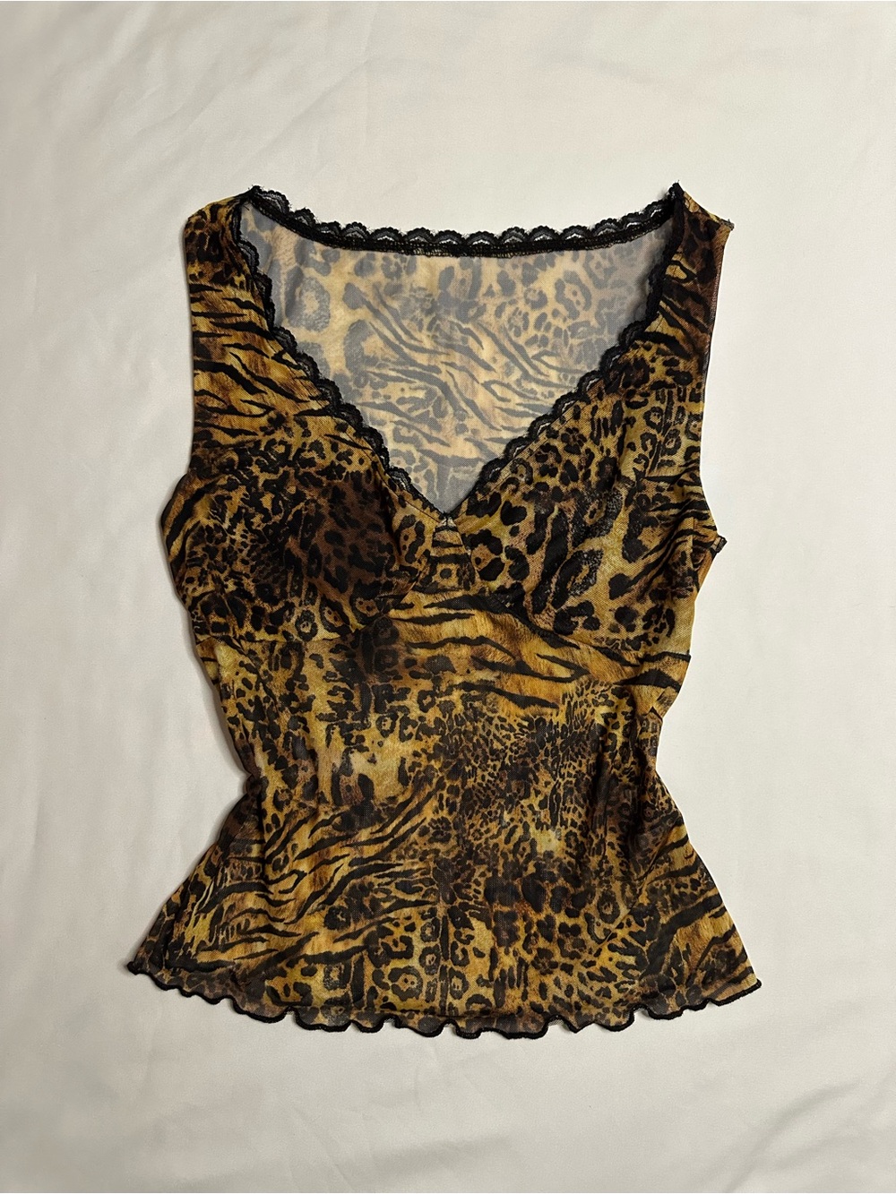 Shein leopard print mesh top with lace trim